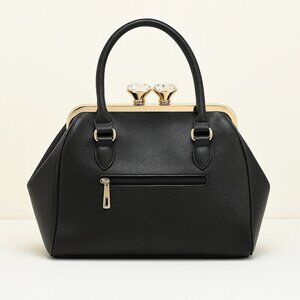 Vintage-Inspired Black Faux Leather Satchel with Gold Frame & Crystal Clasp